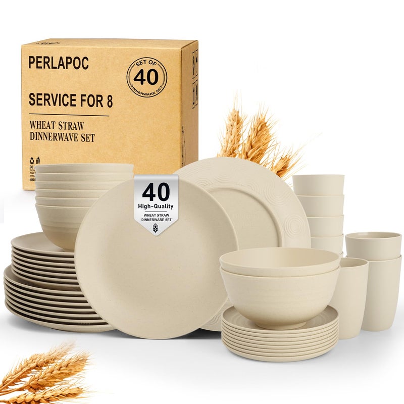 Perlapoc Dinnerware Sets 40 PCS Wheat Straw Plates and Bowls Sets With Cups Service for 8 Microwave Safe Dishes for Kitchen Lightweight Dish Set for RV Outdoor Activities Travel - Beige Colors - Image 1