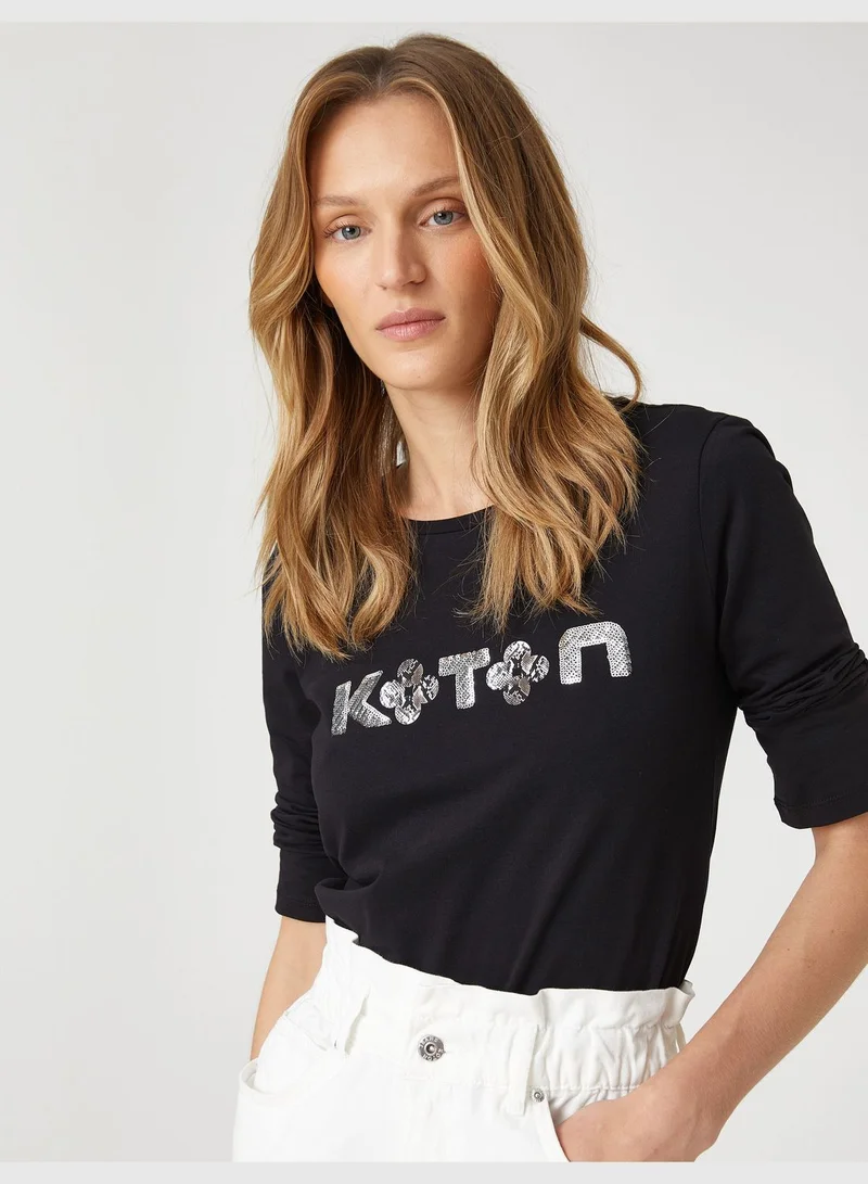 KOTON Sequin Printed Long Sleeve T-Shirt Cotton