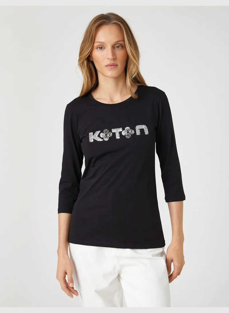 KOTON Sequin Printed Long Sleeve T-Shirt Cotton