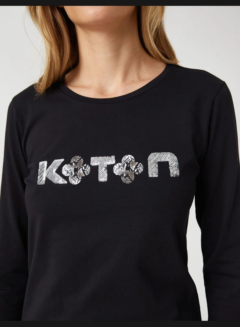 KOTON Sequin Printed Long Sleeve T-Shirt Cotton
