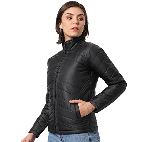 Campus Sutra Women Black Puffer Regular Fit Bomber Jacket For Winter Wear | Standing Collar | Full Sleeve | Zipper | Casual Jacket For Woman & Girl | Western Stylish Jacket For Women - Image 1