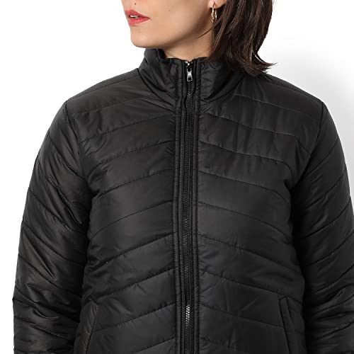Campus Sutra Women Black Puffer Regular Fit Bomber Jacket For Winter Wear | Standing Collar | Full Sleeve | Zipper | Casual Jacket For Woman & Girl | Western Stylish Jacket For Women - Image 4
