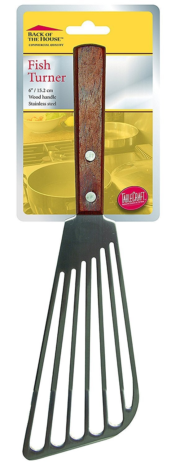 TableCraft 10.75" Stainless Steel Fish Turner / Spatula with Wood Handle - Image 4