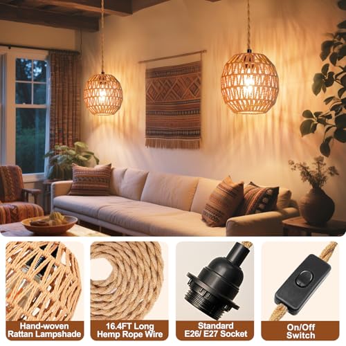 Maliralt Hanging Lamps Rattan Pendant Light Hanging Lights 16.4ft Plug in Cord Pendant Light Fixture Plug Into Wall Outlet Pendant Lighting with On Off Switch for Bedroom Living (Egg Shade) - Image 3