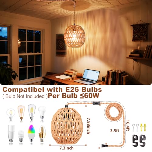 Maliralt Hanging Lamps Rattan Pendant Light Hanging Lights 16.4ft Plug in Cord Pendant Light Fixture Plug Into Wall Outlet Pendant Lighting with On Off Switch for Bedroom Living (Egg Shade) - Image 2