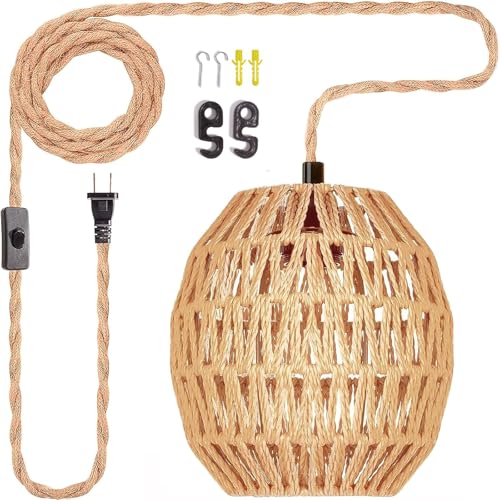 Maliralt Hanging Lamps Rattan Pendant Light Hanging Lights 16.4ft Plug in Cord Pendant Light Fixture Plug Into Wall Outlet Pendant Lighting with On Off Switch for Bedroom Living (Egg Shade) - Image 1