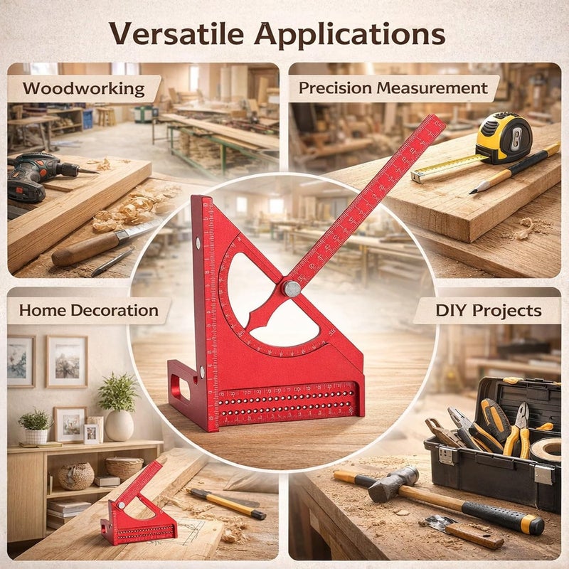 Woodworking Square Ruler, Aluminum Alloy, 0-180 Degree Adjustable, Half Round Triangular Shape - Multi Angle Measuring, Rustproof Durable, Ideal for Woodworking Projects (Red) - Image 3