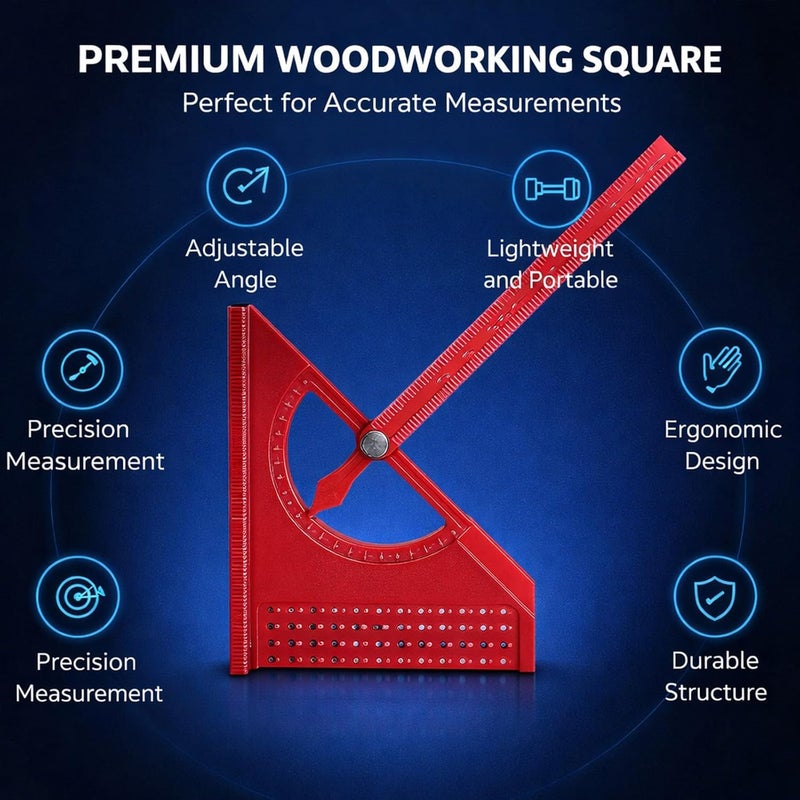 Woodworking Square Ruler, Aluminum Alloy, 0-180 Degree Adjustable, Half Round Triangular Shape - Multi Angle Measuring, Rustproof Durable, Ideal for Woodworking Projects (Red) - Image 2