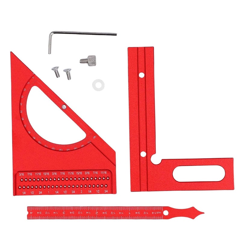 Woodworking Square Ruler, Aluminum Alloy, 0-180 Degree Adjustable, Half Round Triangular Shape - Multi Angle Measuring, Rustproof Durable, Ideal for Woodworking Projects (Red) - Image 1