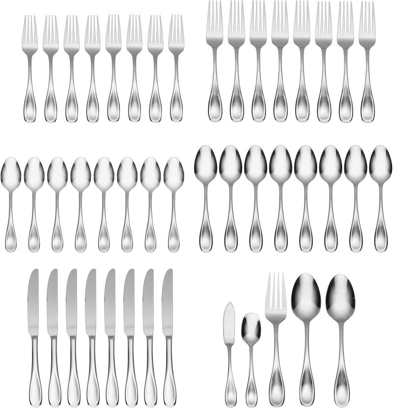 ONEIDA Silverware Set For 8, Voss 45-Piece Everyday Flatware Set with Serving Utensils, Service For 8, 18/0 Stainless Steel, Mirror Finish, Dishwasher Safe, Knives Spoons and Forks (Silver, 45 Pieces) - Image 2