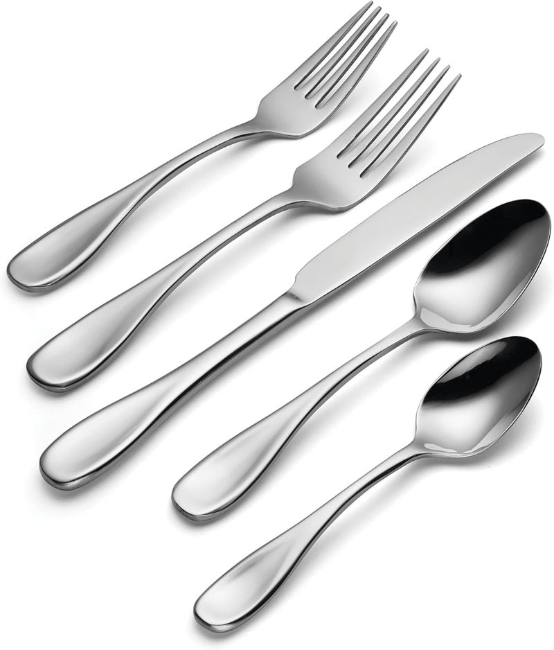 ONEIDA Silverware Set For 8, Voss 45-Piece Everyday Flatware Set with Serving Utensils, Service For 8, 18/0 Stainless Steel, Mirror Finish, Dishwasher Safe, Knives Spoons and Forks (Silver, 45 Pieces) - Image 3