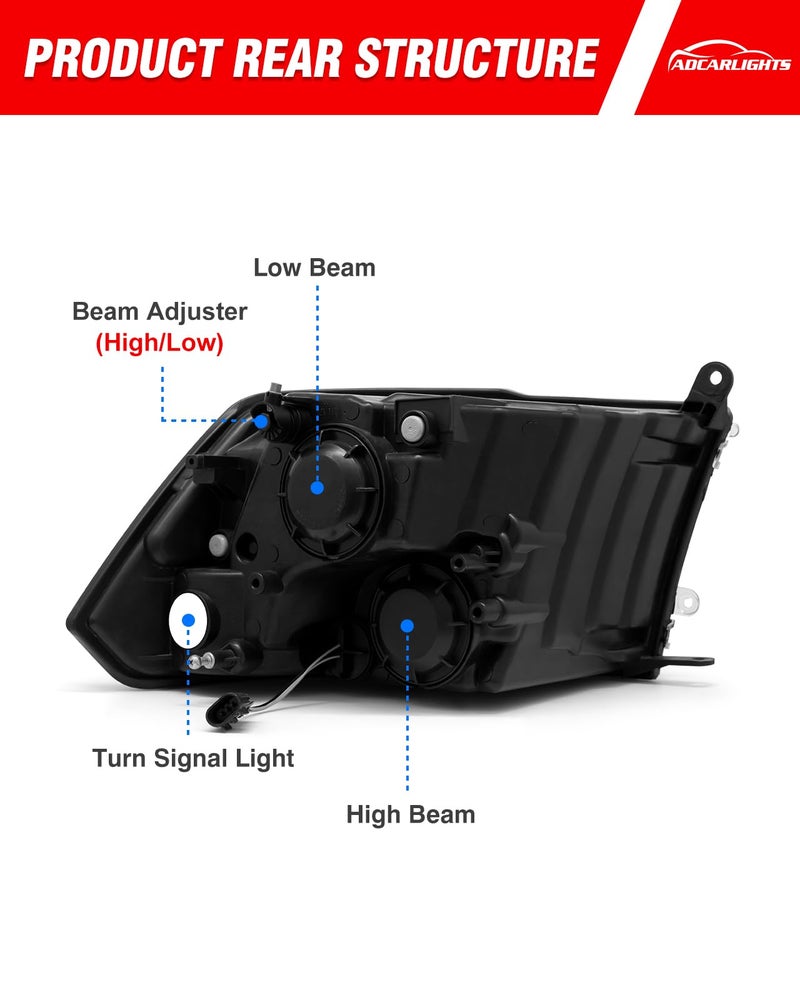 ADCARLIGHTS compatible with Dodge 09-18 Ram 1500/10-18 Ram 2500 3500 for 2009-2018 Ram Headlight Assembly Black Housing Amber Reflector Headlamp Replacement Driver and Passenger Sides - Image 4