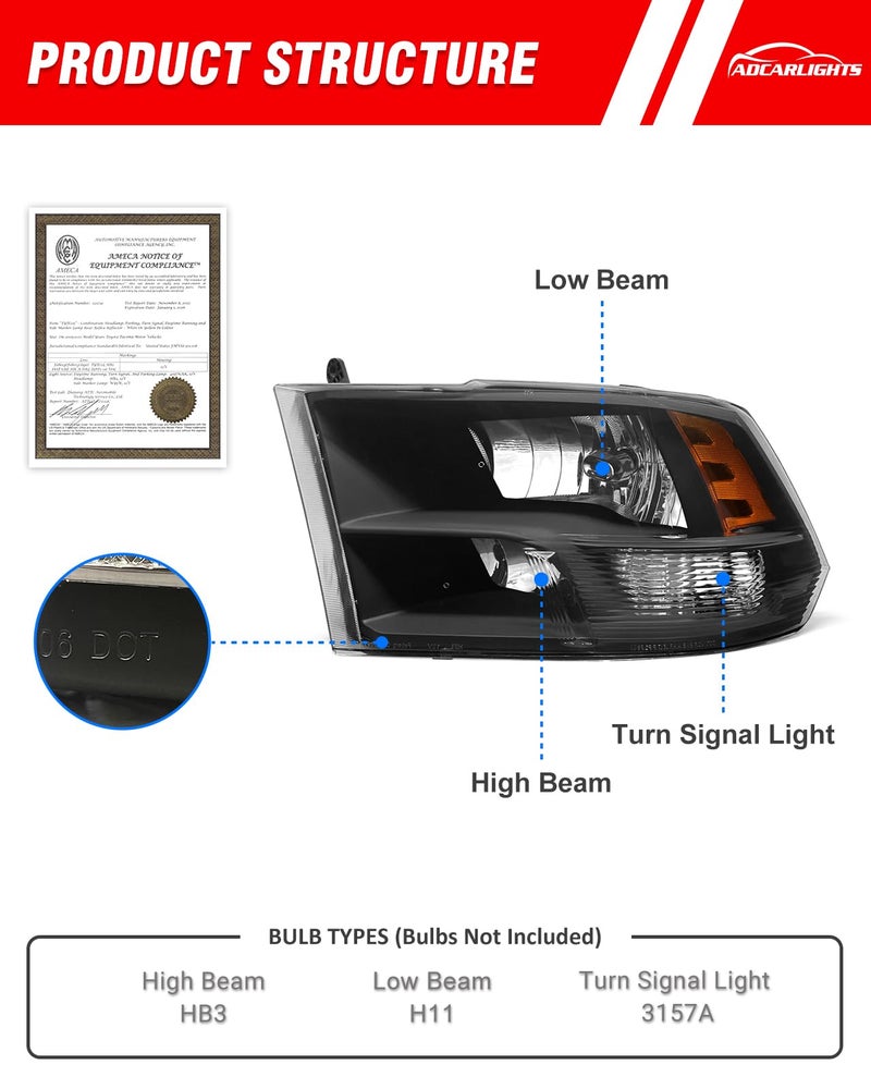 ADCARLIGHTS compatible with Dodge 09-18 Ram 1500/10-18 Ram 2500 3500 for 2009-2018 Ram Headlight Assembly Black Housing Amber Reflector Headlamp Replacement Driver and Passenger Sides - Image 3