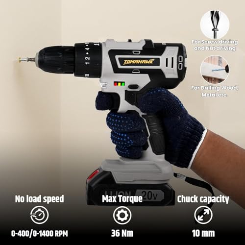 TOMAHAWK® DRT-1000 20V Cordless Drill Machine Kit | Drill + Screwdriver + Impact Function | 35Nm Torque | 2×1.5Ah Battery | LED Light | Carry Case - Image 2