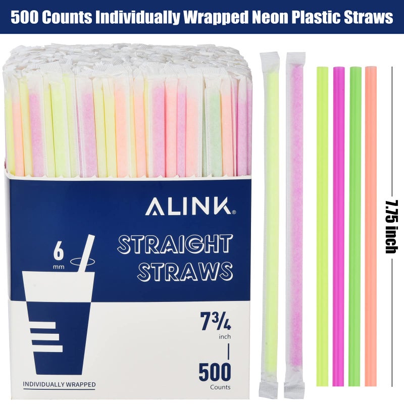 ALINK 500-Pack Plastic Disposable Drinking Straws Individually Wrapped  Neon Colored Straight Party Straws - 7.75"" x 0.23"" - Image 2