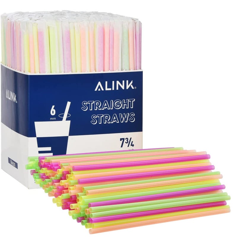 ALINK 500-Pack Plastic Disposable Drinking Straws Individually Wrapped  Neon Colored Straight Party Straws - 7.75"" x 0.23"" - Image 1