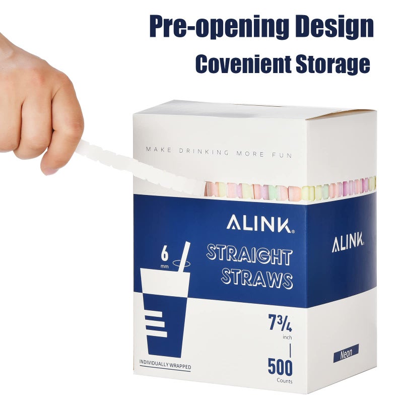 ALINK 500-Pack Plastic Disposable Drinking Straws Individually Wrapped  Neon Colored Straight Party Straws - 7.75"" x 0.23"" - Image 3
