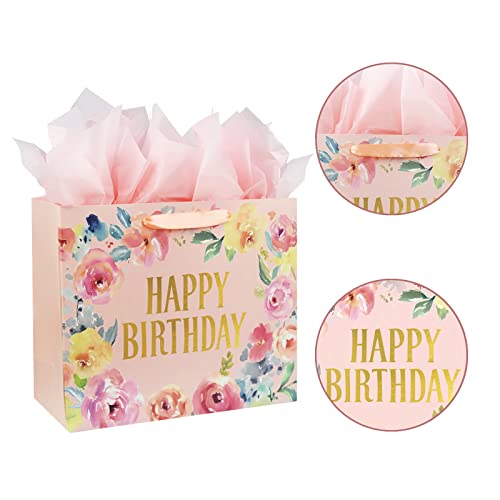 Laidans 13" Large Happy Birthday Gift Bag with Card and Tissue Papers, Handles Floral Design for Women Girls Birthday Party (13" Pink) - Image 3