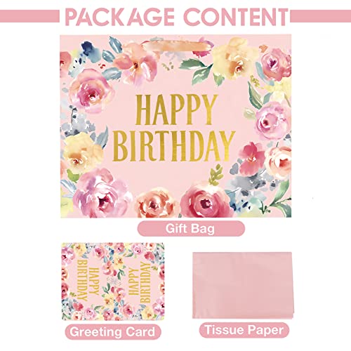 Laidans 13" Large Happy Birthday Gift Bag with Card and Tissue Papers, Handles Floral Design for Women Girls Birthday Party (13" Pink) - Image 4
