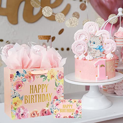 Laidans 13" Large Happy Birthday Gift Bag with Card and Tissue Papers, Handles Floral Design for Women Girls Birthday Party (13" Pink) - Image 5