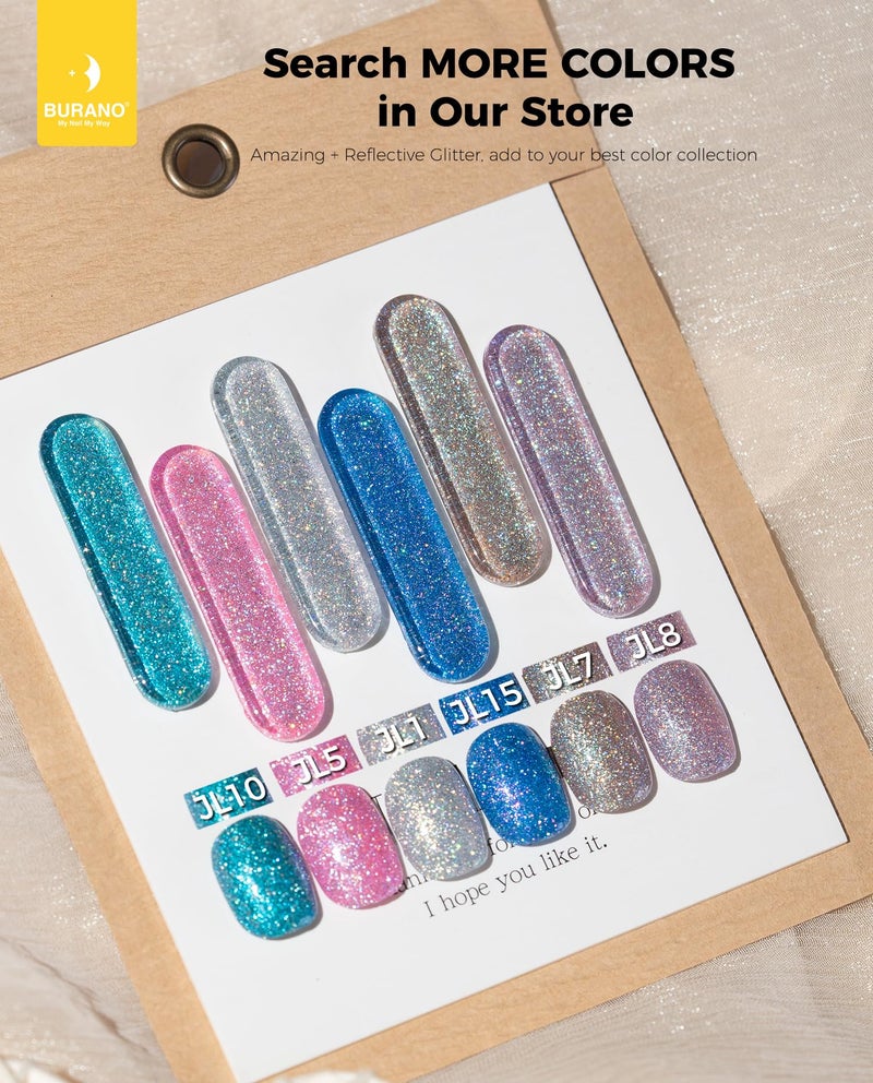 BURANO Reflective Glitter Gel Polish, Rose Blue Purple Silver Holographic Glitter Gel Nail Polish, Soak Off Disco Gel Polish UV Lamp Required JL - Image 5