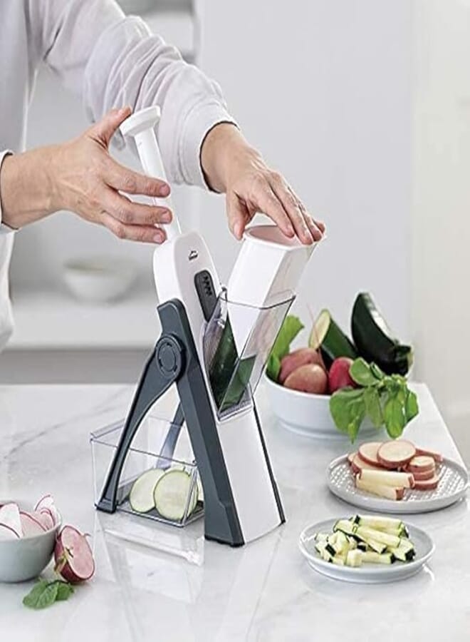 HaRvic Stainless Steel Blade Adjustable Spring Slicer Safety Holder Multipurpose Mandoline for Kitchen Vegetable & Fruit Chopper Cutter Grater Ideal for Potato Onion Carrots Salad Slicer (Multicolor)