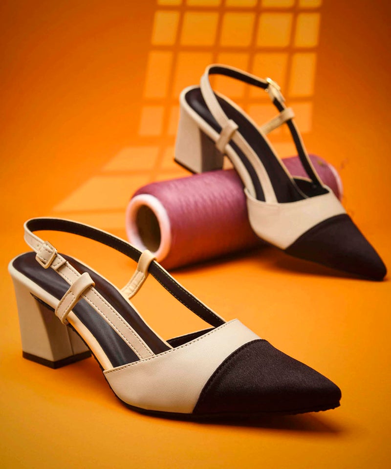 JM LOOKS Women's Slingback Closed Pointed Toe Block Chunky Heel Pumps - 2.5 Inches Office Wedding Party Dress Shoes - Cream - Image 3