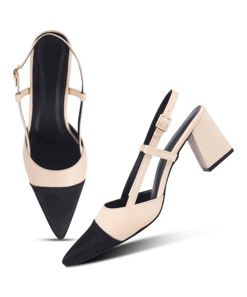 JM LOOKS Women's Slingback Closed Pointed Toe Block Chunky Heel Pumps - 2.5 Inches Office Wedding Party Dress Shoes - Cream - Image 1