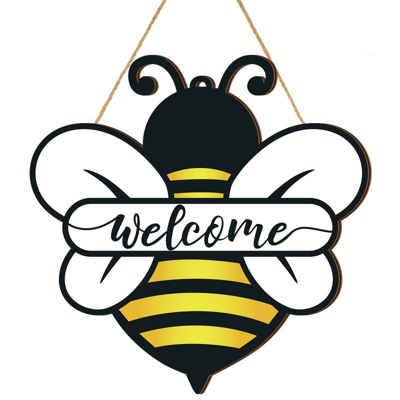 Shellwei Bee Door Sign 12 Inch Wooden Welcome Hanging Decor Bee Theme Decoration Wooden Hanger for Home Bathroom Indoor Outdoor Home Porch Holiday Hanging Decor