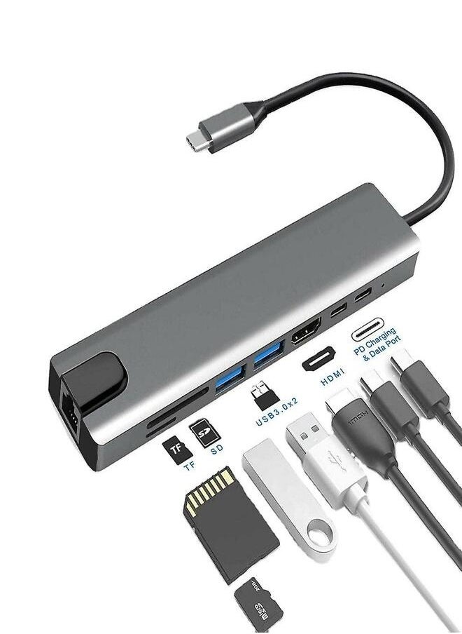 ماركة غير محددة محول متعدد المنافذ من النوع C 8 في 1 مزود بـ Hdmi وLan وUsb 3.0 وقارئ بطاقات ومنفذ USB 2.0  - Image 1