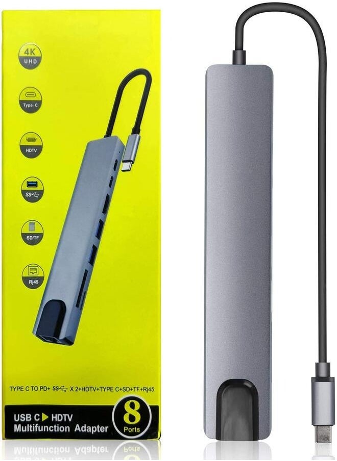 ماركة غير محددة محول متعدد المنافذ من النوع C 8 في 1 مزود بـ Hdmi وLan وUsb 3.0 وقارئ بطاقات ومنفذ USB 2.0  - Image 2