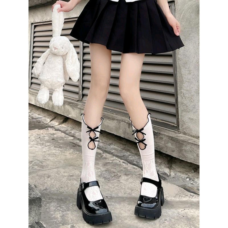 Women's Lace Hollow Out Mid-Calf Socks with Bow - Image 1