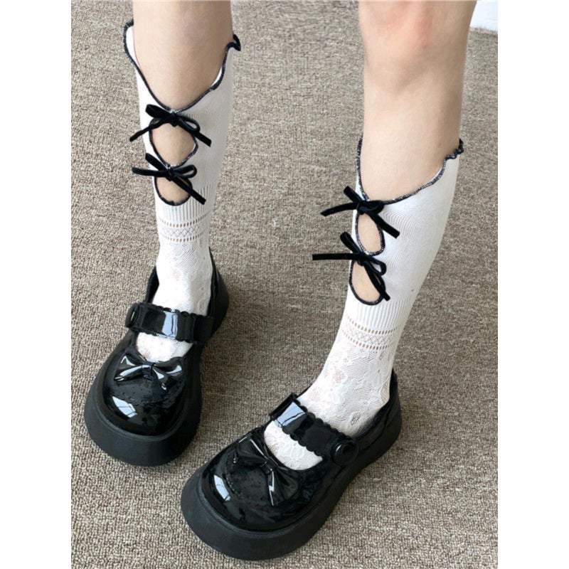 Women's Lace Hollow Out Mid-Calf Socks with Bow - Image 2