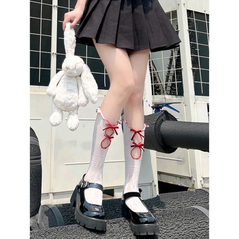 Women's Lace Hollow Out Mid-Calf Socks with Bow - Image 4
