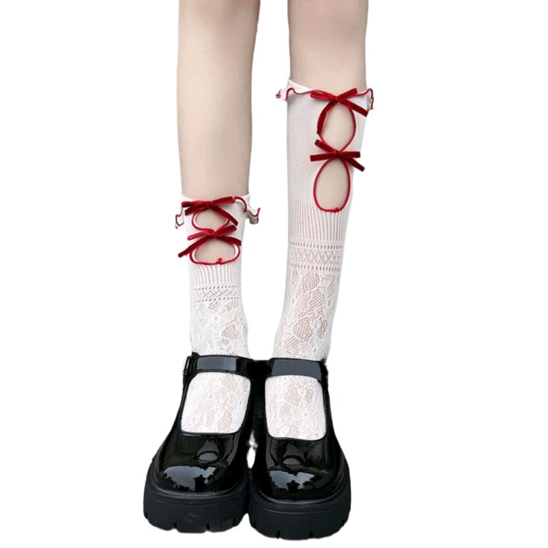 Women's Lace Hollow Out Mid-Calf Socks with Bow - Image 5