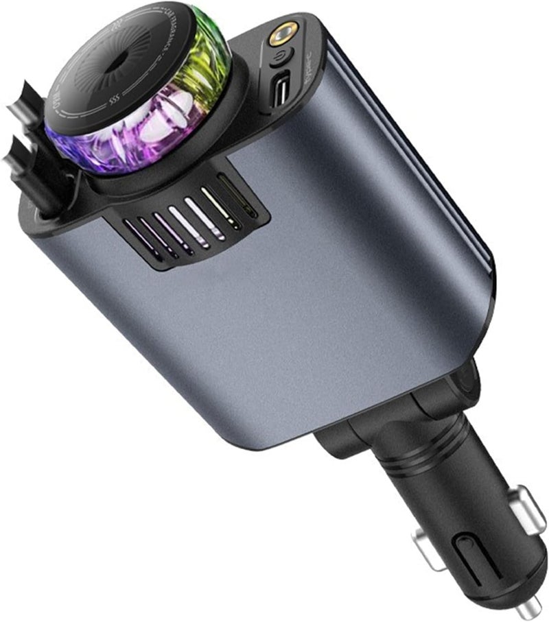 HERIOS 5-in-1 Car Charger with 180° Adjustable Head, Retractable 80cm Fast Charging Cables USB-C and iOS, Dual Port 45W, Air Freshener with LED Star Light, type c cable, car charger fast charging - Image 1