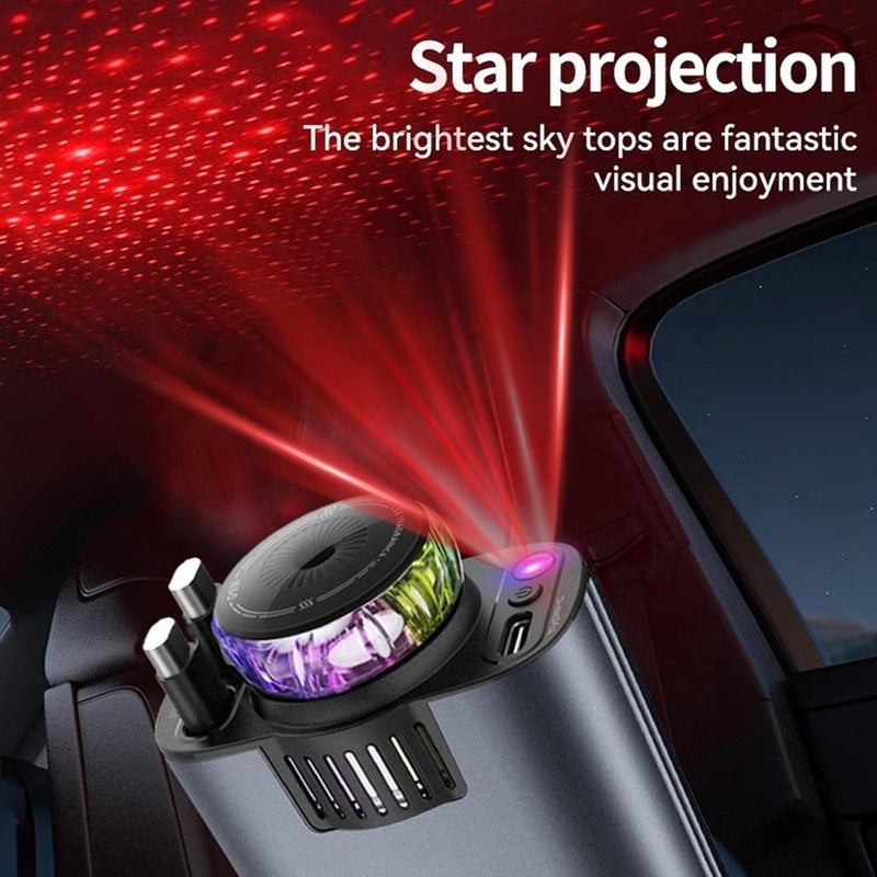 HERIOS 5-in-1 Car Charger with 180° Adjustable Head, Retractable 80cm Fast Charging Cables USB-C and iOS, Dual Port 45W, Air Freshener with LED Star Light, type c cable, car charger fast charging - Image 2