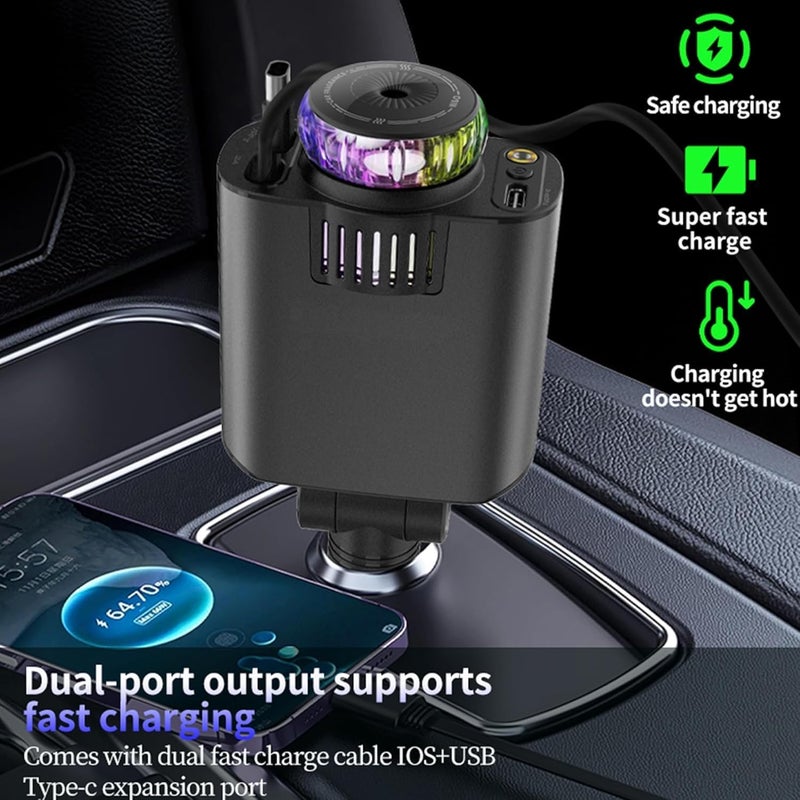 HERIOS 5-in-1 Car Charger with 180° Adjustable Head, Retractable 80cm Fast Charging Cables USB-C and iOS, Dual Port 45W, Air Freshener with LED Star Light, type c cable, car charger fast charging - Image 3