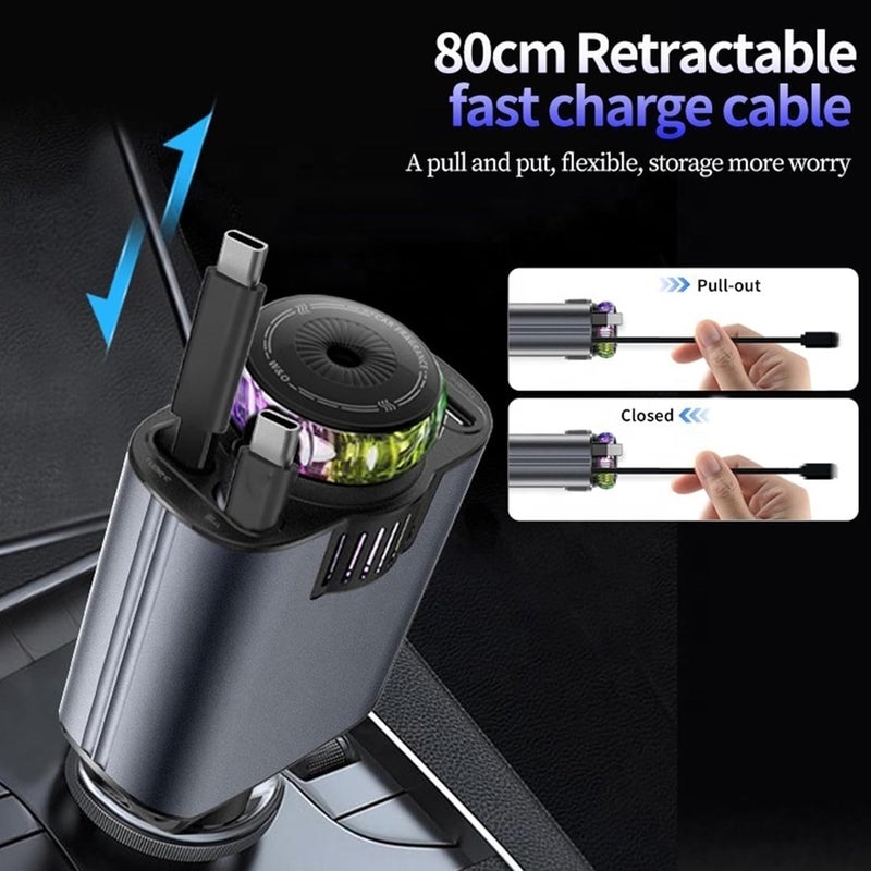HERIOS 5-in-1 Car Charger with 180° Adjustable Head, Retractable 80cm Fast Charging Cables USB-C and iOS, Dual Port 45W, Air Freshener with LED Star Light, type c cable, car charger fast charging - Image 4