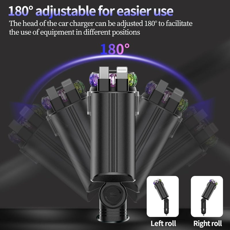 HERIOS 5-in-1 Car Charger with 180° Adjustable Head, Retractable 80cm Fast Charging Cables USB-C and iOS, Dual Port 45W, Air Freshener with LED Star Light, type c cable, car charger fast charging - Image 5