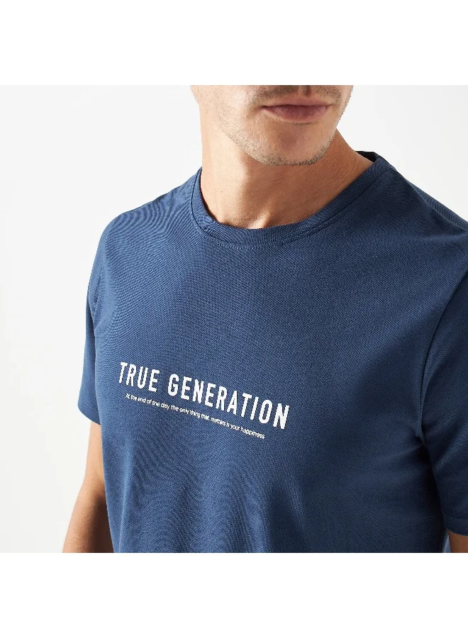 Iconic Iconic Slogan Print Pique T-shirt with Crew Neck and Short Sleeves