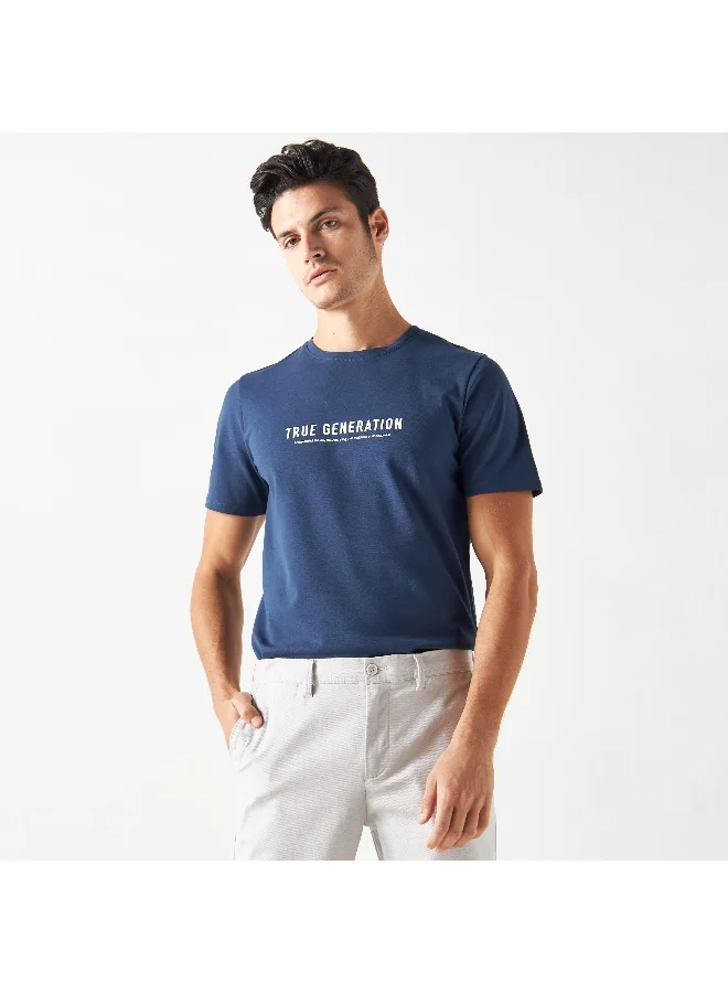 Iconic Iconic Slogan Print Pique T-shirt with Crew Neck and Short Sleeves