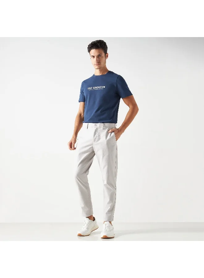 Iconic Iconic Slogan Print Pique T-shirt with Crew Neck and Short Sleeves