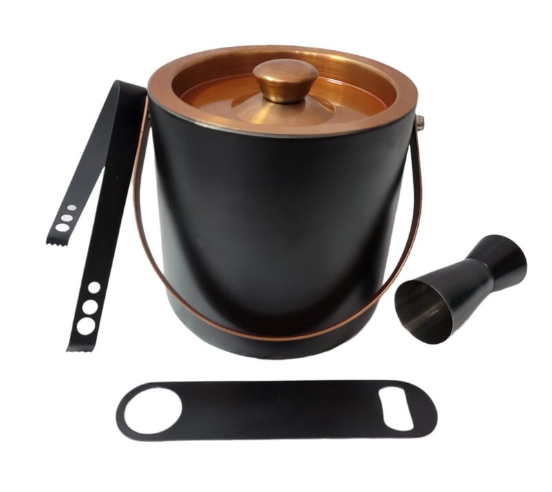 Proniks Stainless Steel Insulated Ice Bucket with Opener and Ice Tong and peg Measure and with Ice Scope 1Liter Keeps Ice Cold for 6 h Great bar Tools for Home bar Accessories Wine in Black Color - Image 1