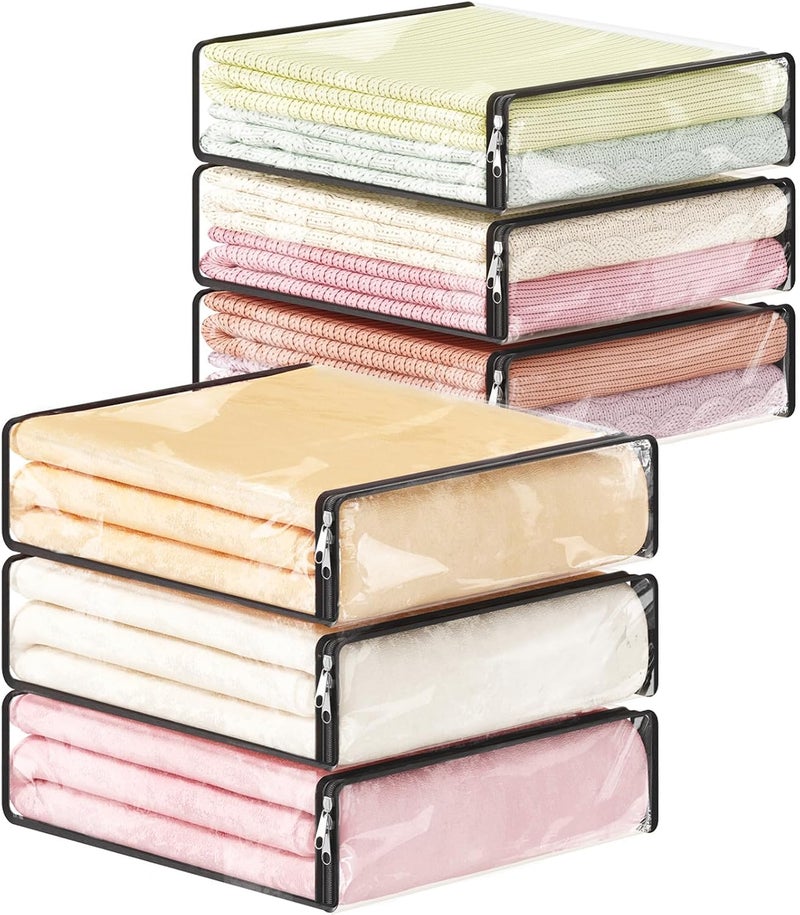 6 Pack Clear Clothes Storage Bags with Zipper - 14L Plastic Sweater and Blanket Organizers - Image 1