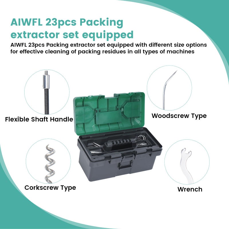 AIWFL 23pcs Packing Extractor Set Stainless Steel Packing Puller Set Packing Tool Set Flexible Packing Hook Sets Includes Flexible Shaft Removeable Tip Corkscrew Type Wrench Toolbox - Image 4
