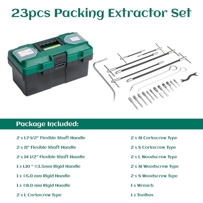 AIWFL 23pcs Packing Extractor Set Stainless Steel Packing Puller Set Packing Tool Set Flexible Packing Hook Sets Includes Flexible Shaft Removeable Tip Corkscrew Type Wrench Toolbox - Image 3