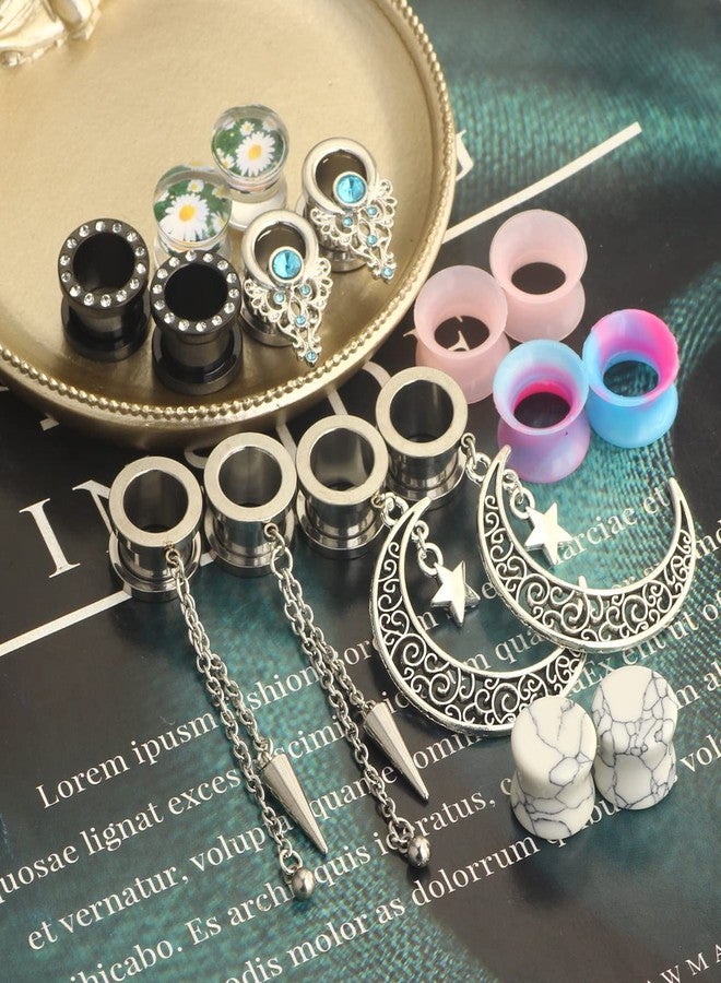Suotarn 8 Pairs 00 Gauges For Women Dangle Plugs Ear Tunnels Moon Star Silicone Earrings Gauges Stretcher Stone Gauges For Ear 0g 2g -16mm 5/8'' inch - Image 3