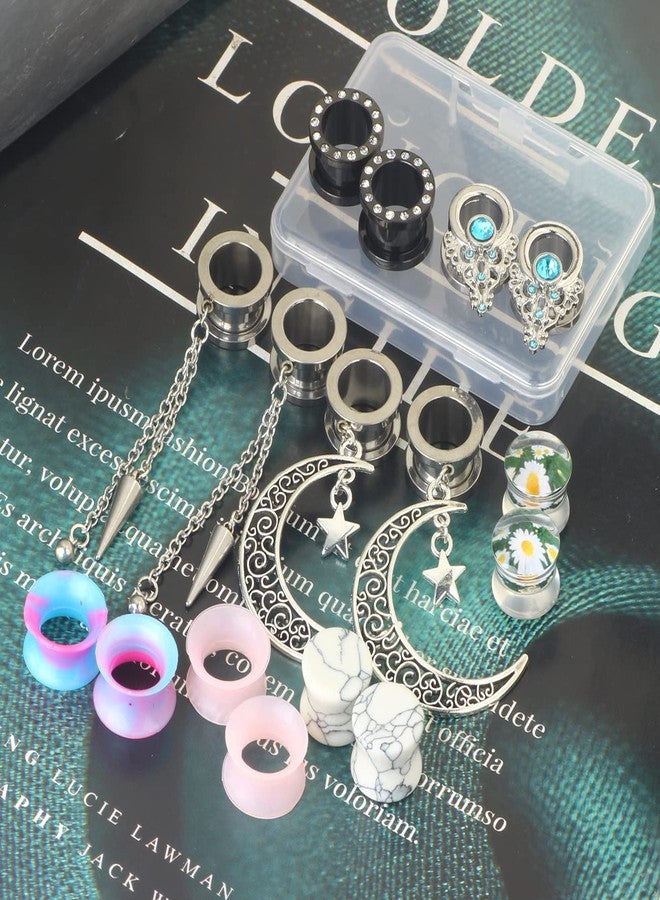 Suotarn 8 Pairs 00 Gauges For Women Dangle Plugs Ear Tunnels Moon Star Silicone Earrings Gauges Stretcher Stone Gauges For Ear 0g 2g -16mm 5/8'' inch - Image 2