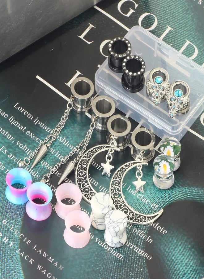 Suotarn 8 Pairs 00 Gauges For Women Dangle Plugs Ear Tunnels Moon Star Silicone Earrings Gauges Stretcher Stone Gauges For Ear 0g 2g -16mm 5/8'' inch - Image 4